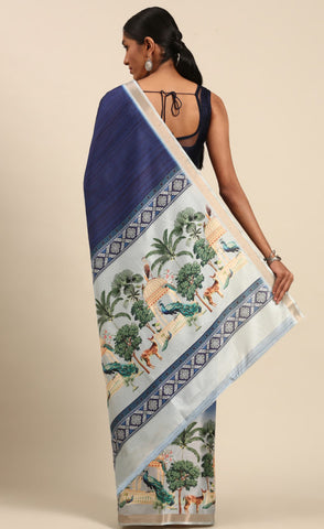 Stunning Blue Color Cotton Digital Printed Saree