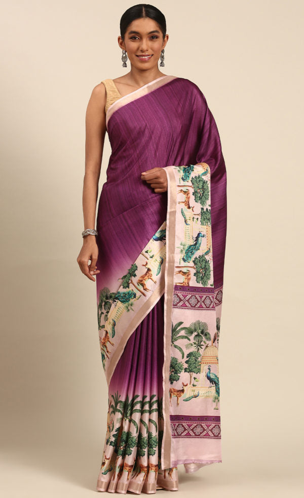 Stunning Purple Color Cotton Digital Printed Saree