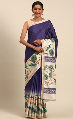 Stunning Royal Blue Color Cotton Digital Printed Saree