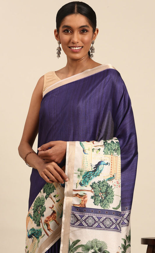 Stunning Royal Blue Color Cotton Digital Printed Saree