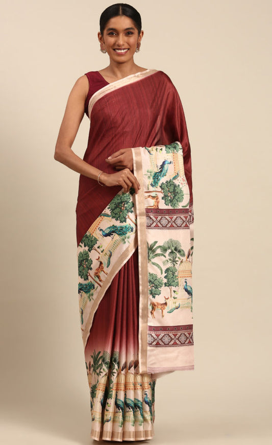 Stunning Maroon Color Cotton Digital Printed Saree