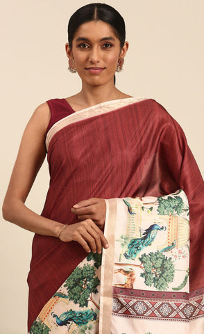 Stunning Maroon Color Cotton Digital Printed Saree