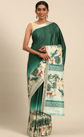 Stunning Rama Green Color Cotton Digital Printed Saree