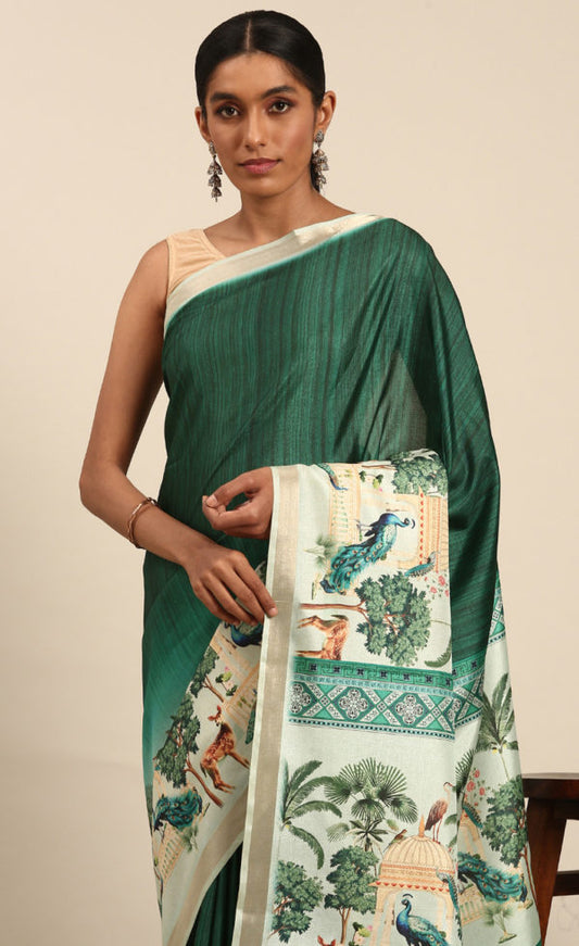 Stunning Rama Green Color Cotton Digital Printed Saree