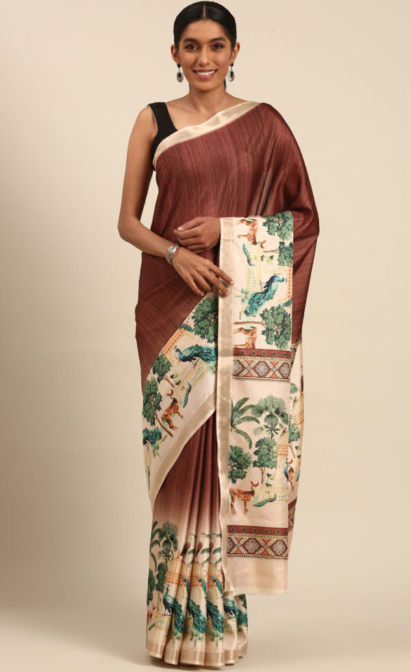 Stunning Dark Brown Color Cotton Digital Printed Saree