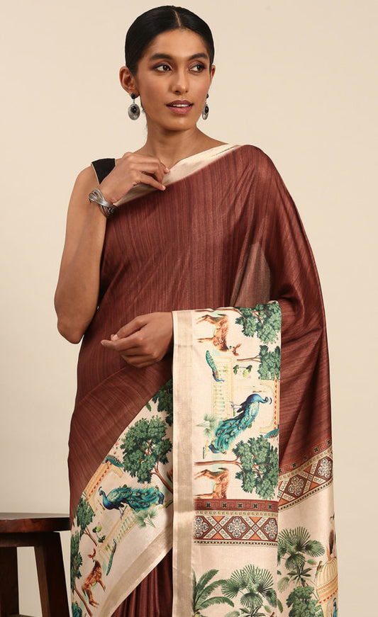 Stunning Dark Brown Color Cotton Digital Printed Saree