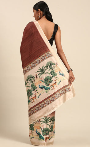 Stunning Dark Brown Color Cotton Digital Printed Saree