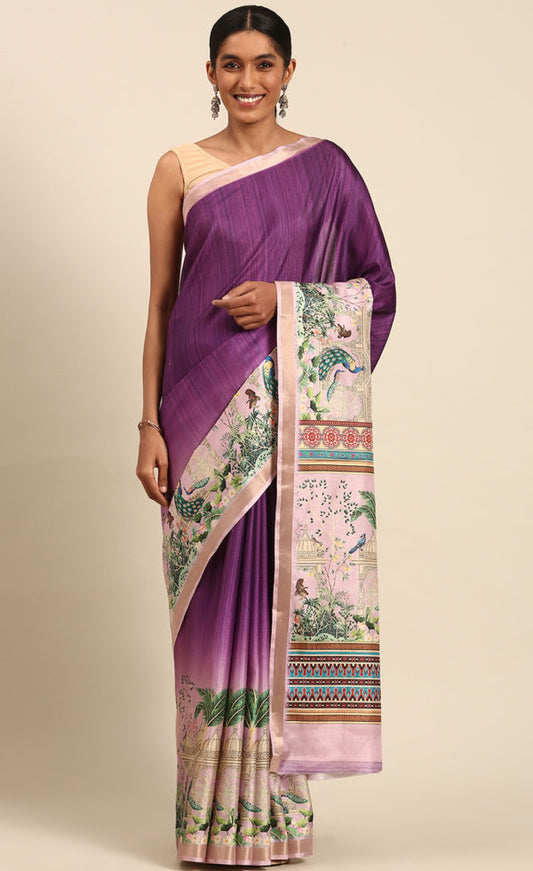 Vibrant Purple Color Cotton Digital Printed Saree