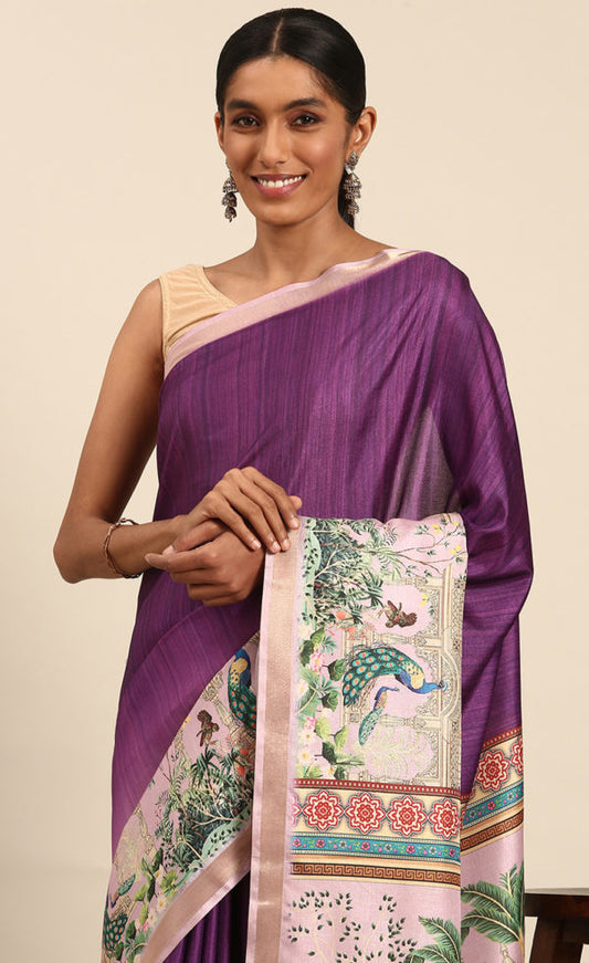 Vibrant Purple Color Cotton Digital Printed Saree