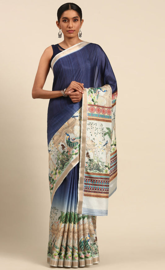 Vibrant Navy Blue Color Cotton Digital Printed Saree