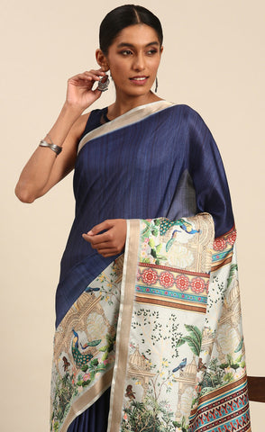 Vibrant Navy Blue Color Cotton Digital Printed Saree