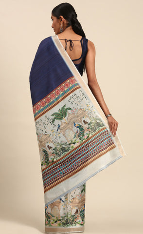 Vibrant Navy Blue Color Cotton Digital Printed Saree