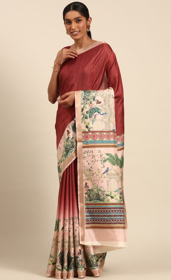 Vibrant Maroon Color Cotton Digital Printed Saree