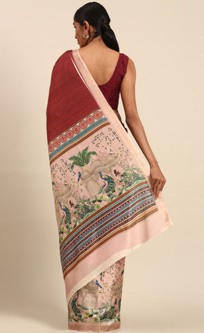 Vibrant Maroon Color Cotton Digital Printed Saree