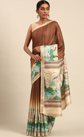 Elegant Brown Color Cotton Digital Printed Saree