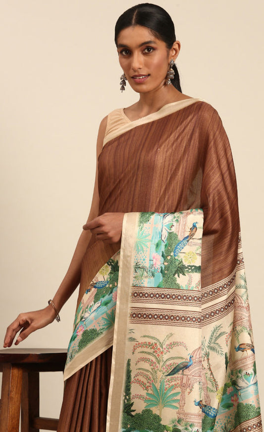 Elegant Brown Color Cotton Digital Printed Saree