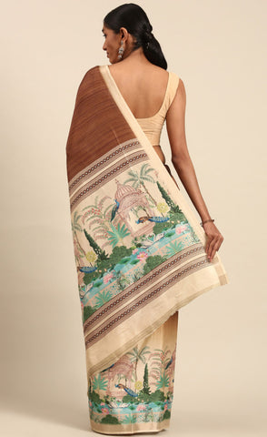 Elegant Brown Color Cotton Digital Printed Saree