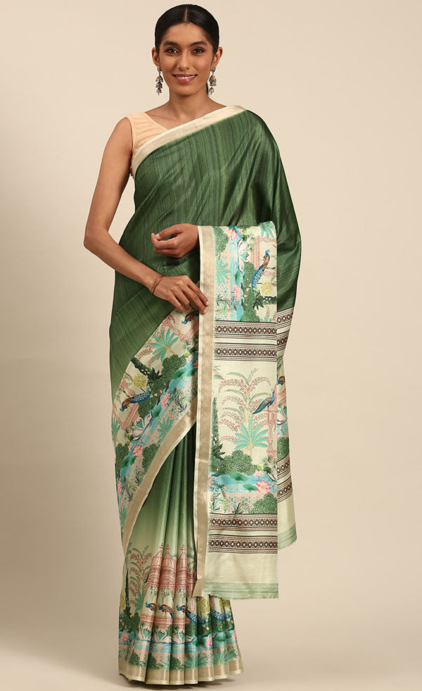 Elegant Green Color Cotton Digital Printed Saree