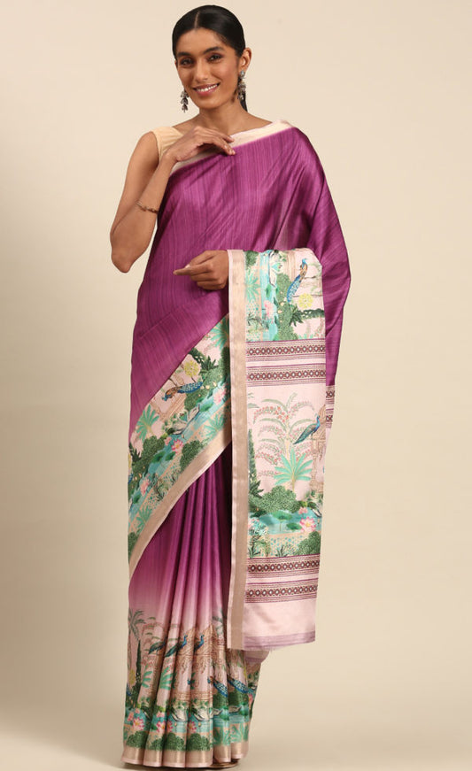 Elegant Purple Color Cotton Digital Printed Saree