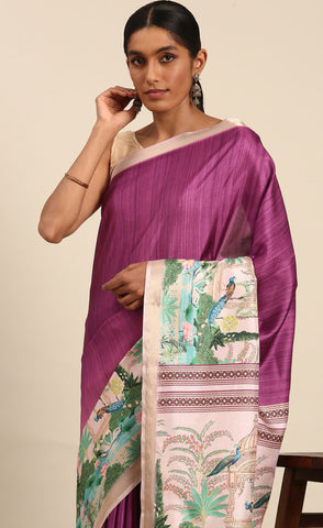 Elegant Purple Color Cotton Digital Printed Saree