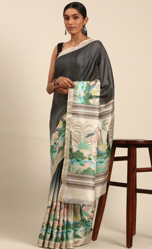 Elegant Grey Color Cotton Digital Printed Saree