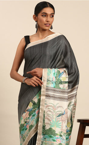 Elegant Grey Color Cotton Digital Printed Saree