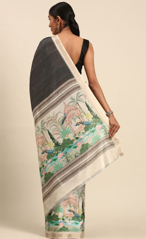 Elegant Grey Color Cotton Digital Printed Saree