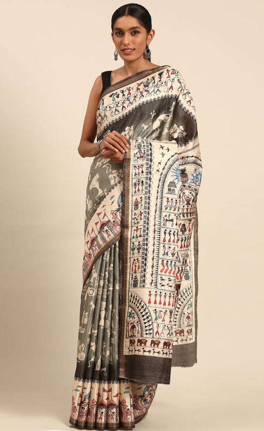 Attractive Grey Color Kalamkari Print Saree