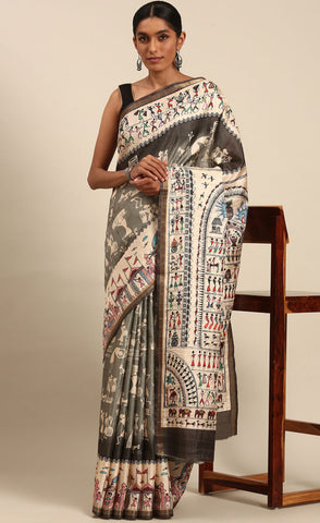 Attractive Grey Color Kalamkari Print Saree