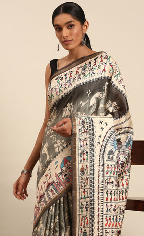 Attractive Grey Color Kalamkari Print Saree