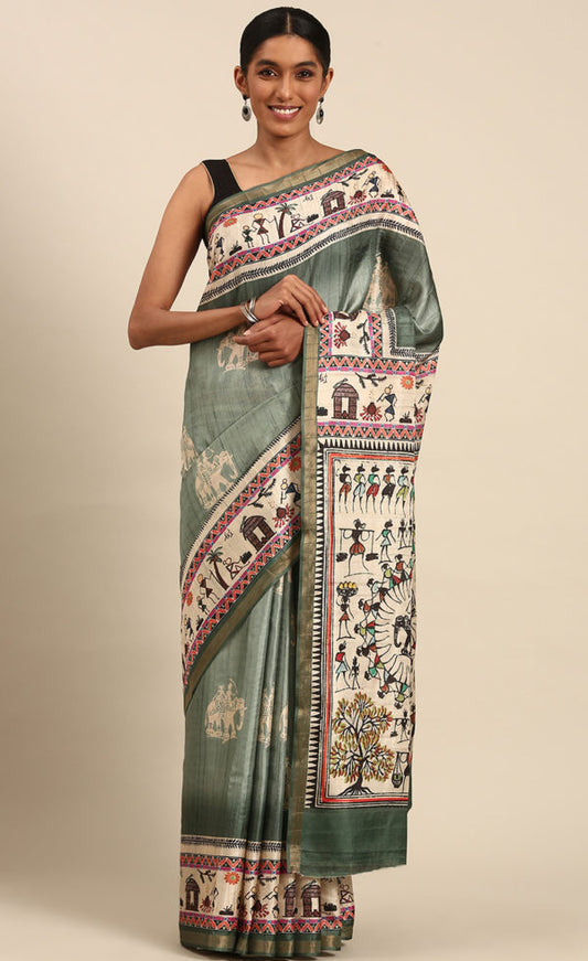 Kalamkari Print Attractive Green Cotton Saree