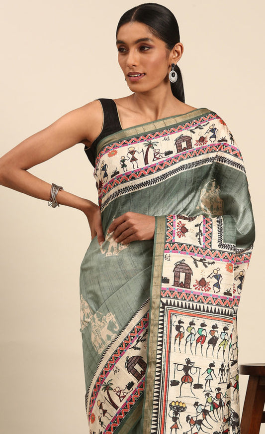 Kalamkari Print Attractive Green Cotton Saree