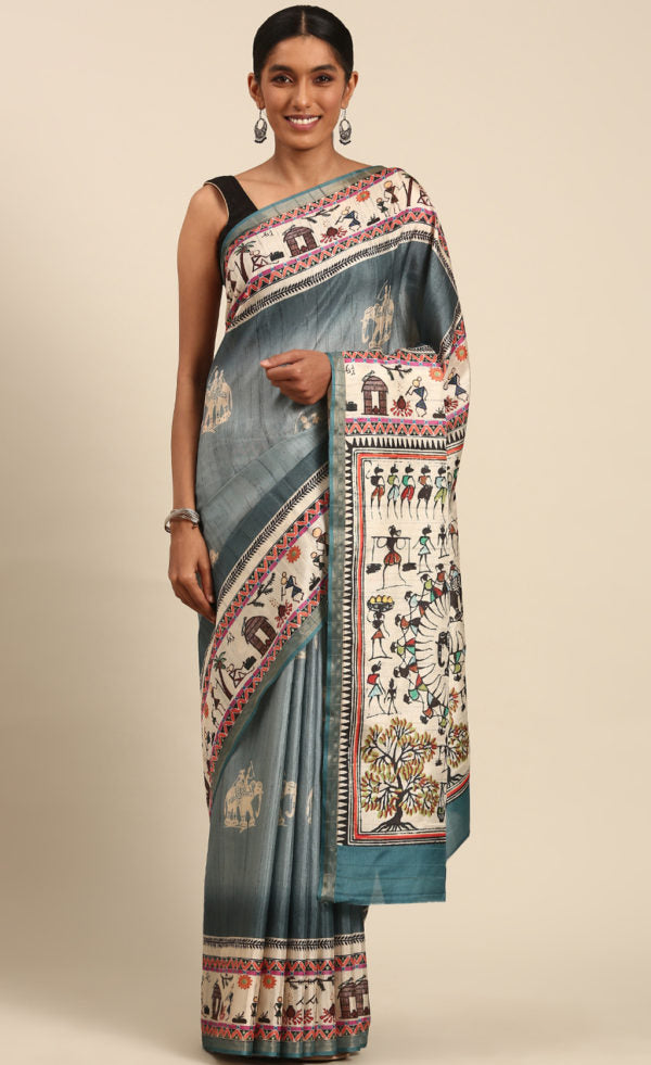 Attractive Teal Blue Color Kalamkari Print Cotton Saree