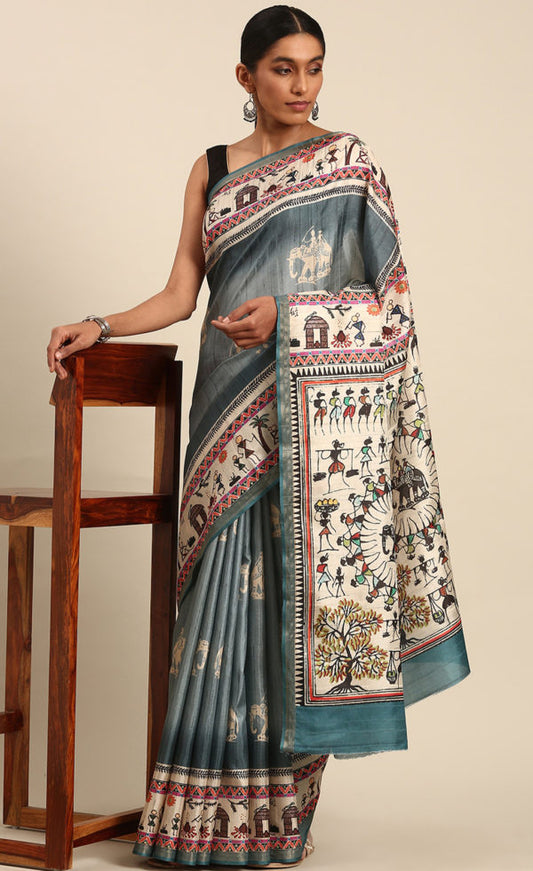 Attractive Teal Blue Color Kalamkari Print Cotton Saree