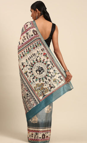 Attractive Teal Blue Color Kalamkari Print Cotton Saree