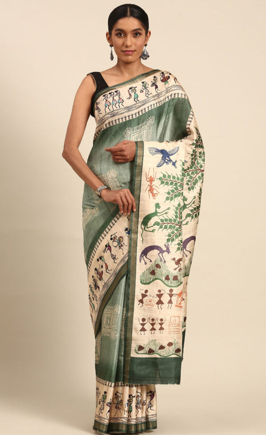 Attractive Light Green Color Kalamkari Print Saree