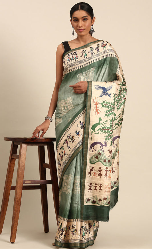 Attractive Light Green Color Kalamkari Print Saree