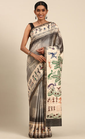 Kalamkari Print Khaki Color Cotton Attractive Saree