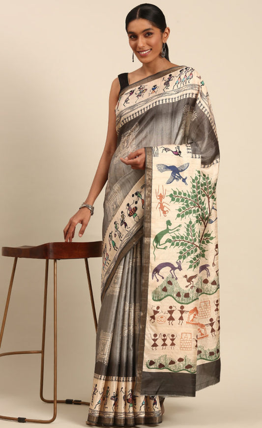 Kalamkari Print Khaki Color Cotton Attractive Saree