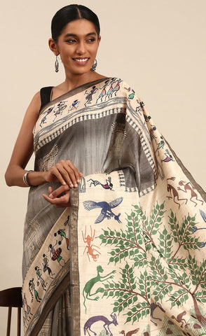 Kalamkari Print Khaki Color Cotton Attractive Saree