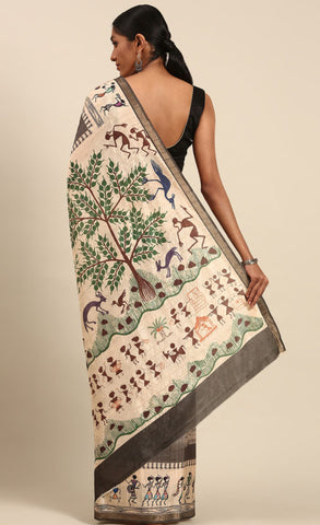 Kalamkari Print Khaki Color Cotton Attractive Saree