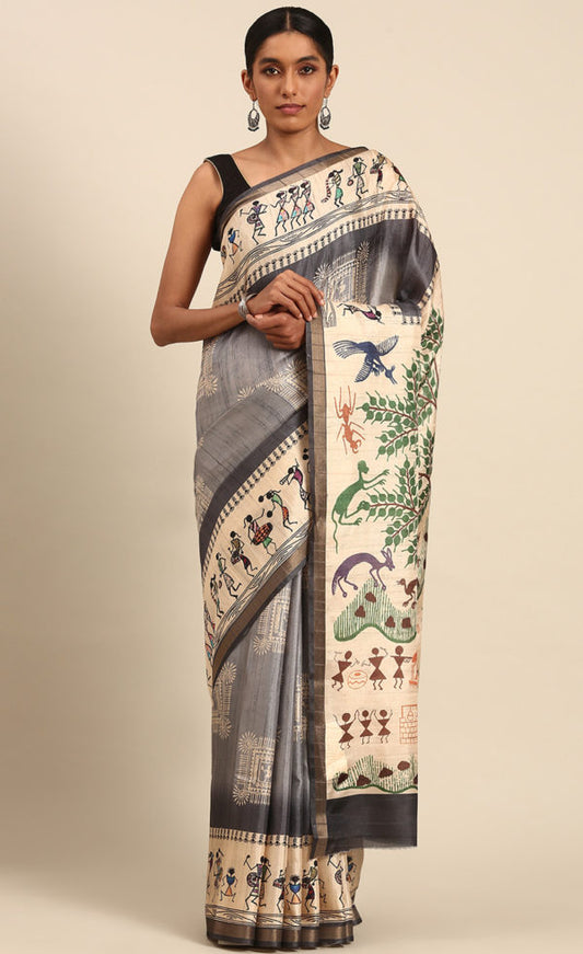 Attractive Grey Color Kalamkari Print Cotton Saree