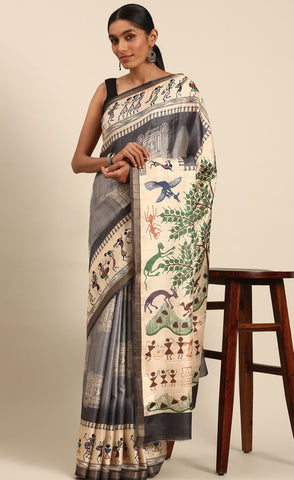 Attractive Grey Color Kalamkari Print Cotton Saree