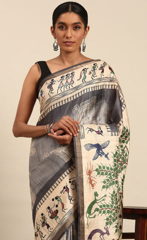 Attractive Grey Color Kalamkari Print Cotton Saree