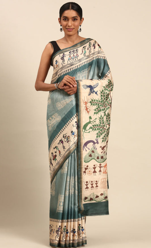 Attractive Sky Blue Color Kalamkari Print Cotton Saree