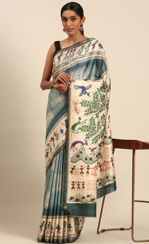 Attractive Sky Blue Color Kalamkari Print Cotton Saree