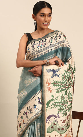 Attractive Sky Blue Color Kalamkari Print Cotton Saree