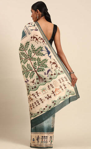 Attractive Sky Blue Color Kalamkari Print Cotton Saree