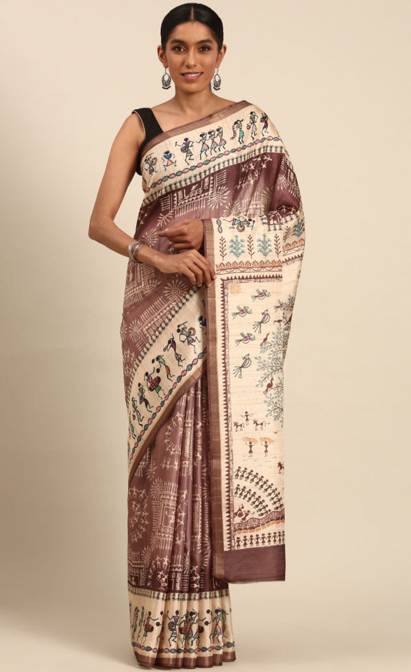 Attractive Brown Color Kalamkari Print Cotton Saree