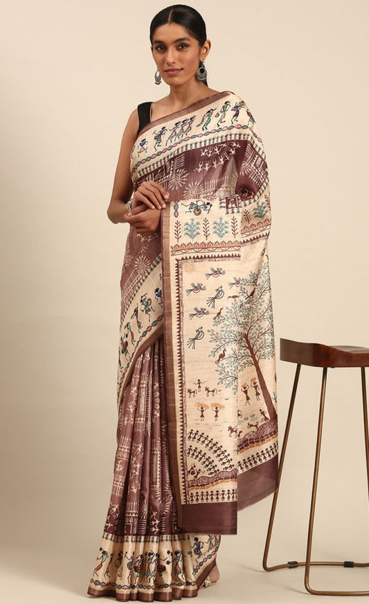 Attractive Brown Color Kalamkari Print Cotton Saree